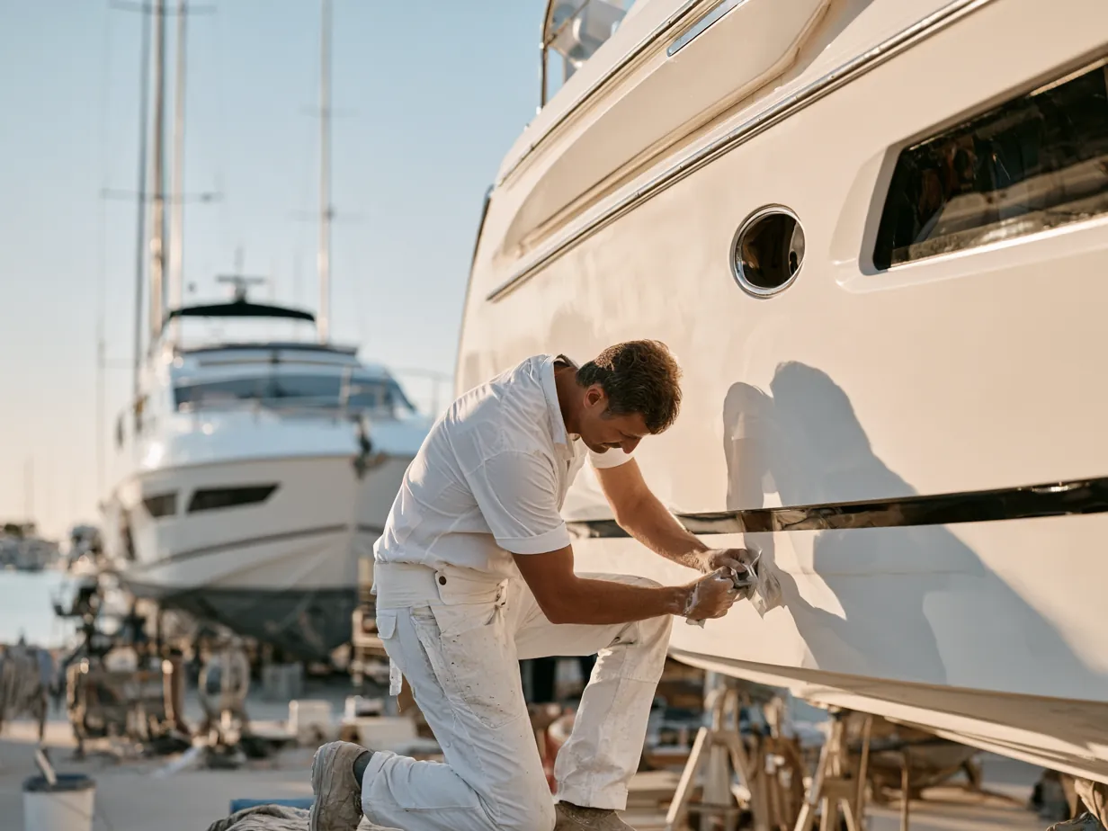 A technician polishing the hull of a motor yacht on the hardstand